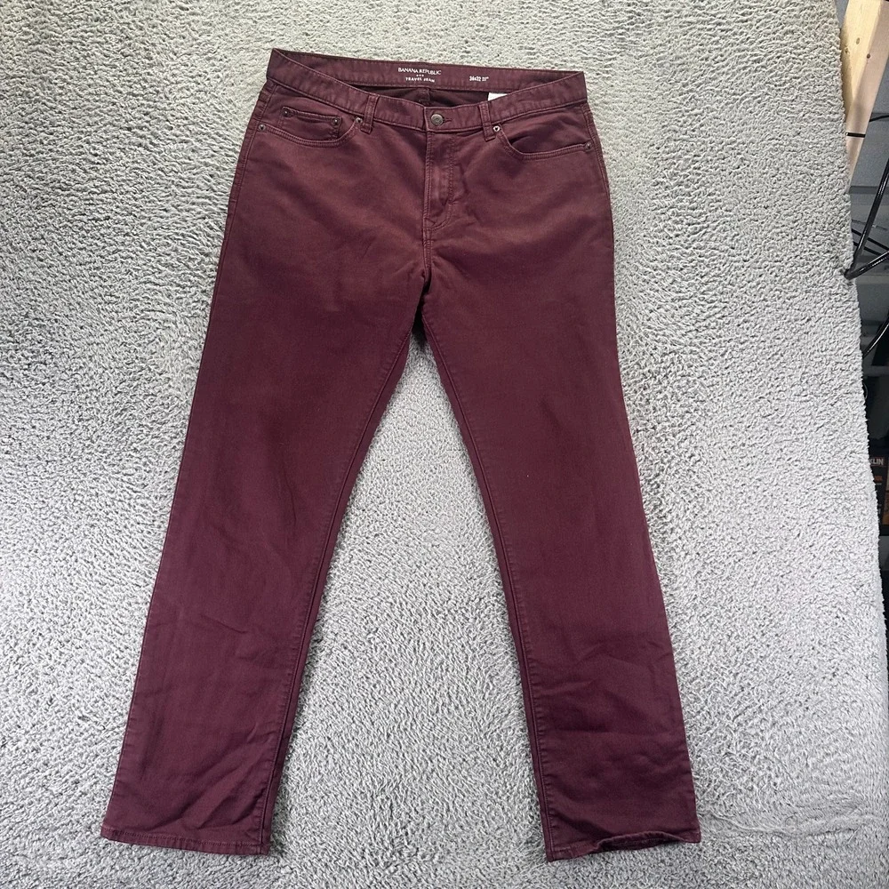 Banana Republic Travel Jeans Mens 36x32 Red Cotton Denim Straight Slim Stretch